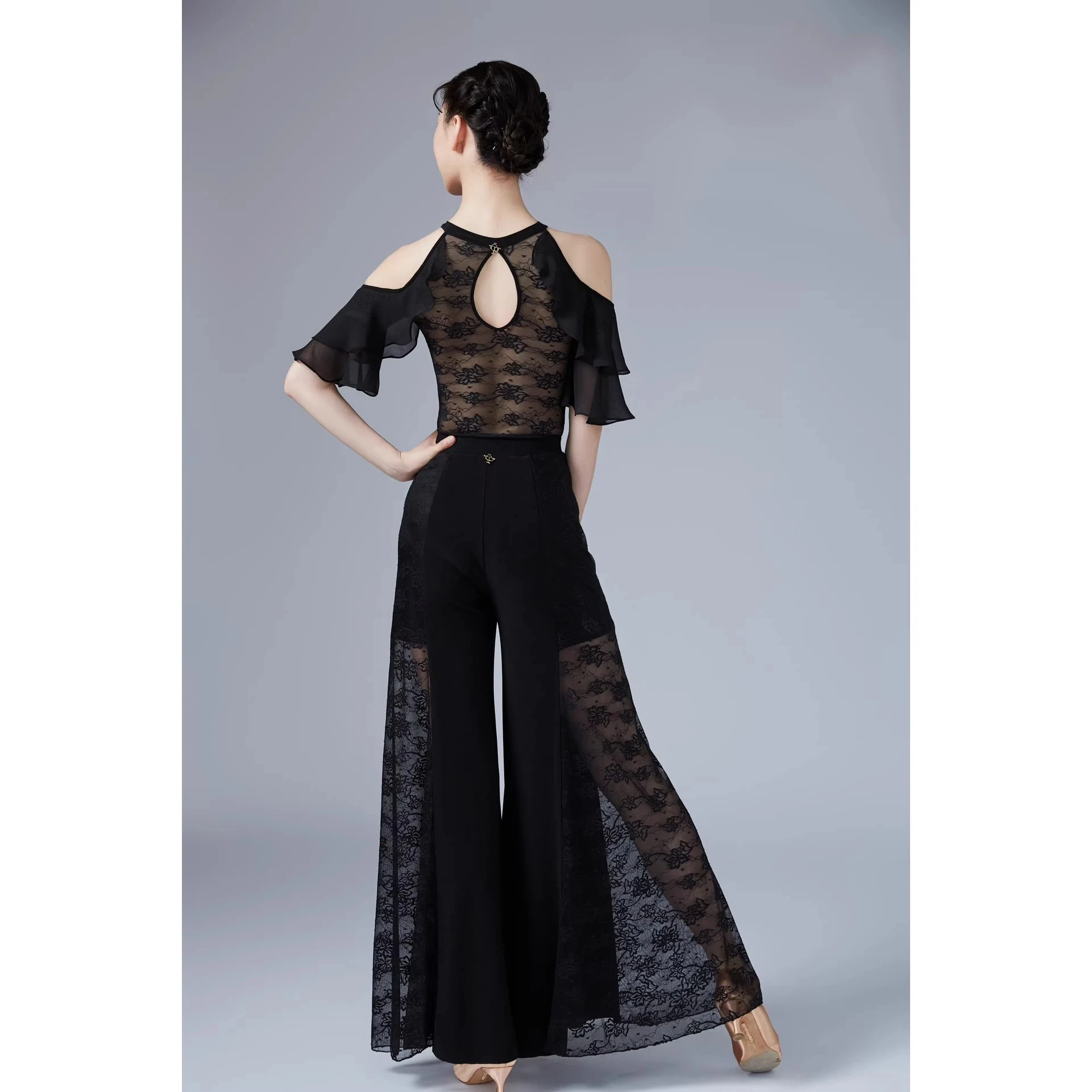 Women Modern Dance Pants Lace Mesh High Waist Trousers National Standard Dance Costumes Ballroom Dance Practice Pants DN21967