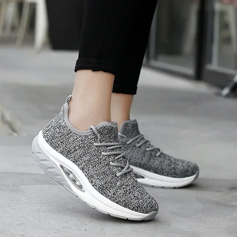 Women Charm Air Cushion Sneakers 2024 New Platform Wedge Shoes Size 42 Lace Up Soft Fly Knit Mesh Breathable Casual Sports Shoes