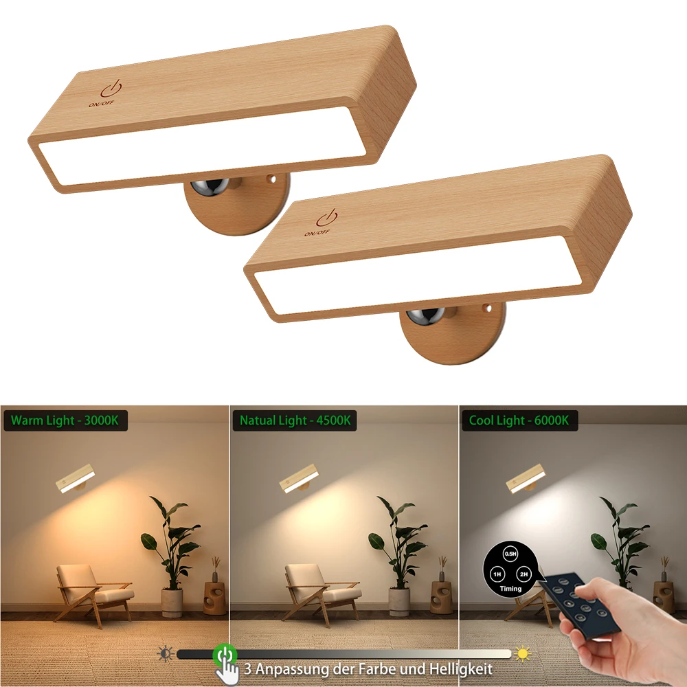 壁掛け照明2個セット-寝室用ワイヤレス回転式コードレスウォールランプ-3色温度調節可能-寝室-リビング用