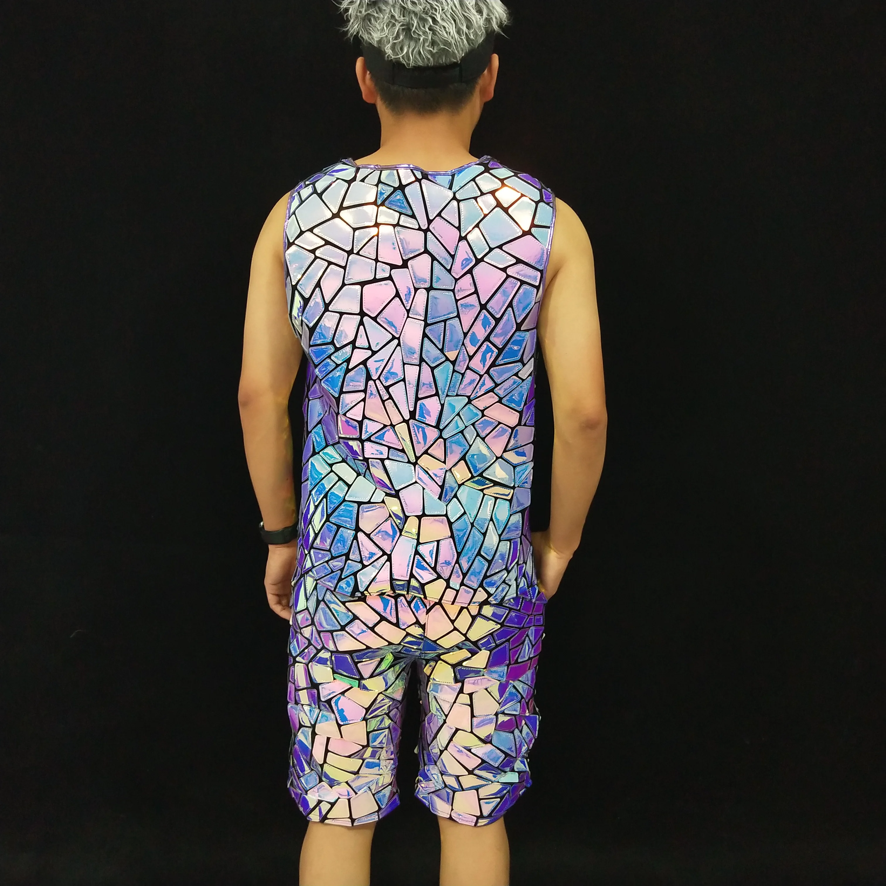 الأرجواني مرآة الترتر مجموعات عادية الرجال حفلة كرنفال السراويل القمم مرونة الخصر مرحلة الأداء المغني بار DJ ملابس الرقص