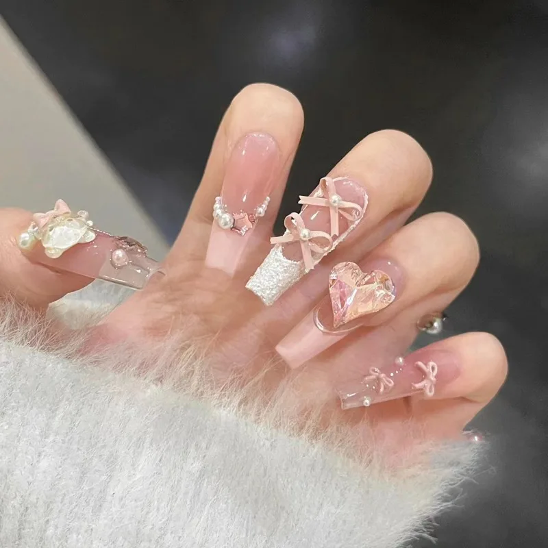 10pcs Pink French Press on Nails for Girls 3D Bowknot Luxurious Nail Art Tips Sweet Reusable Adhesive Fake Nails Wholesale 2026