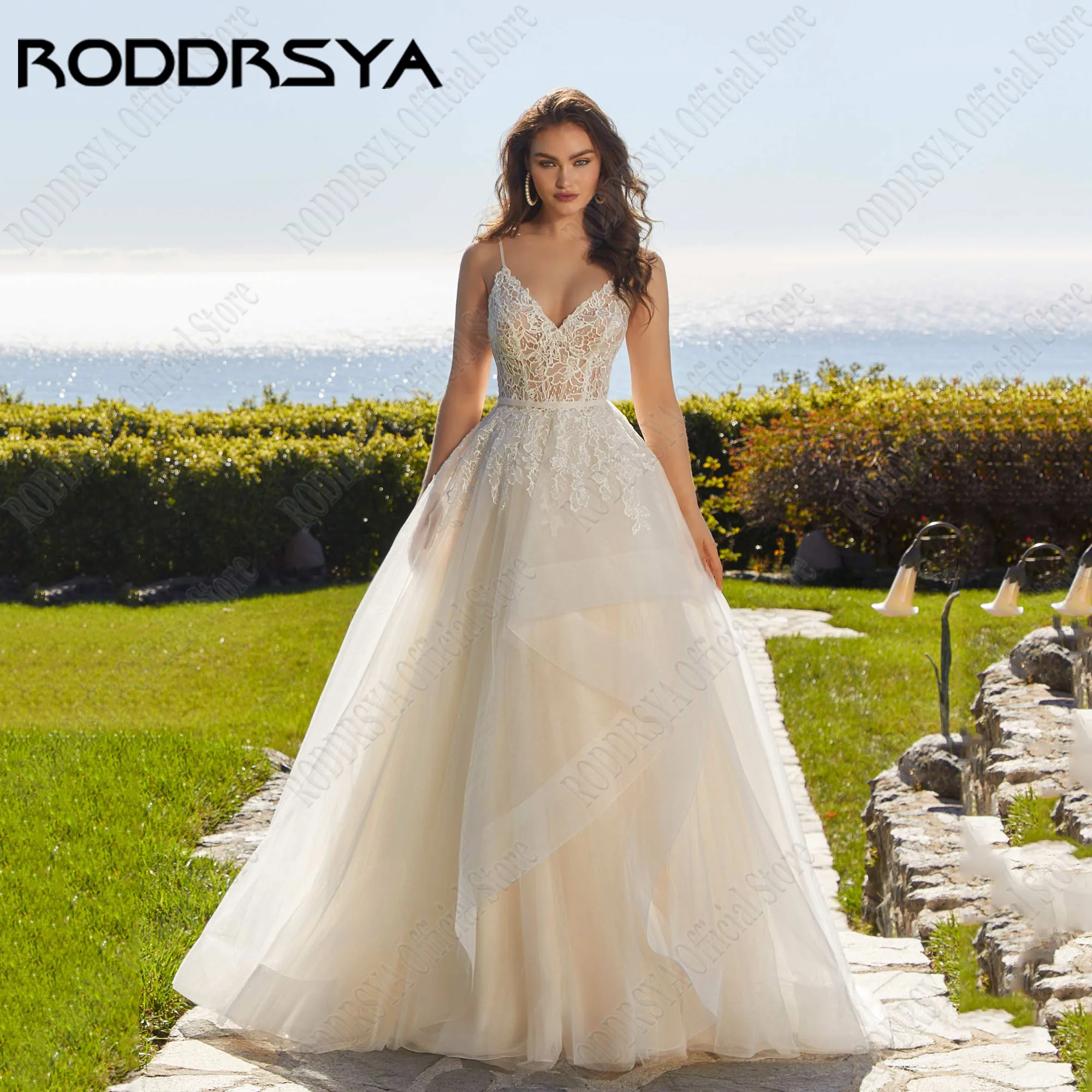 

RODDRSYA V-Neck Sleeveless Wedding Dress Spaghetti Straps A-Line Backless Bride Gown Applique Tulle vestidos de novia Customized