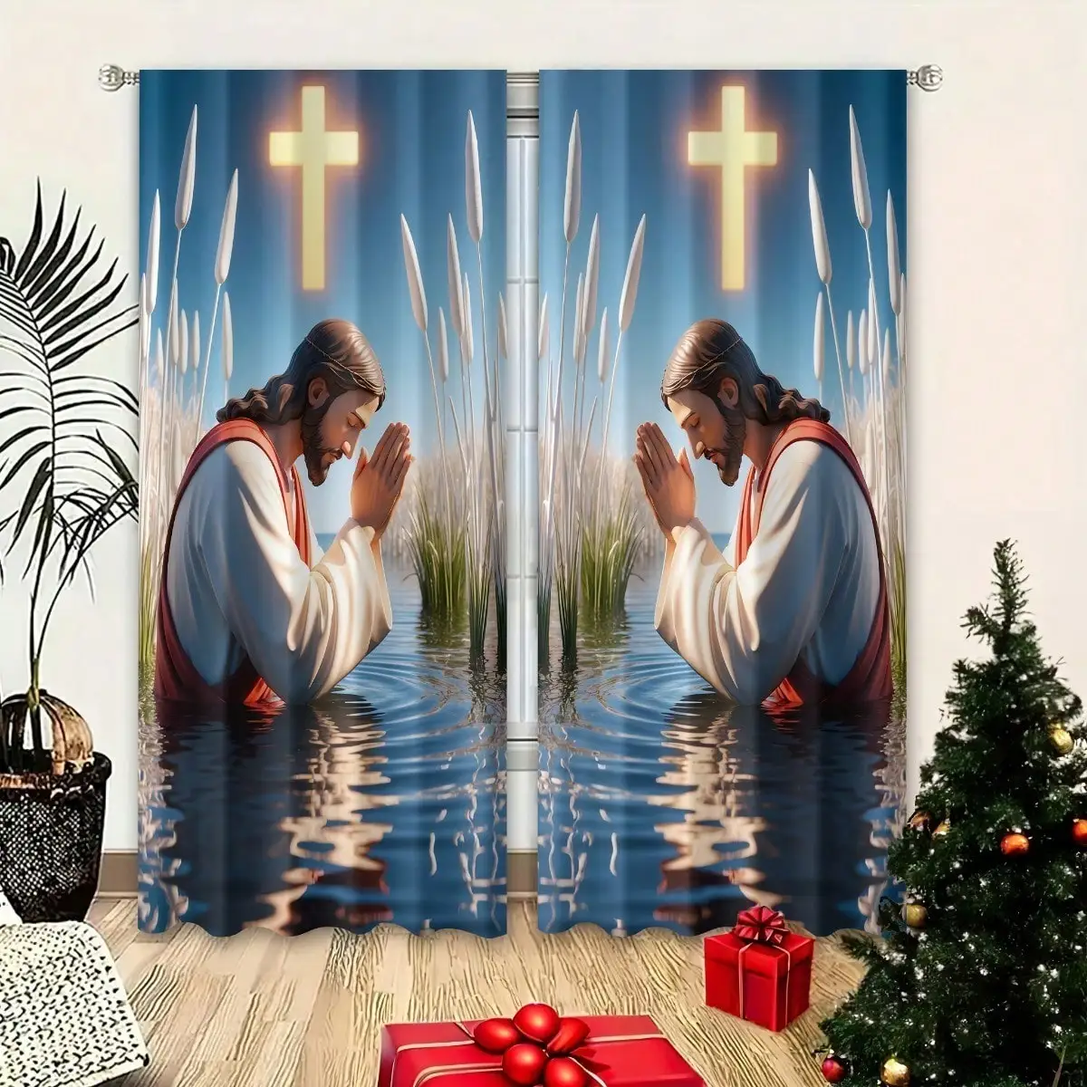 2pcs Rod Pocket Blackout Curtains, Contemporary Woven Polyester Panels, Religious Baptism Scene Print, Unlined  Machine Washable
