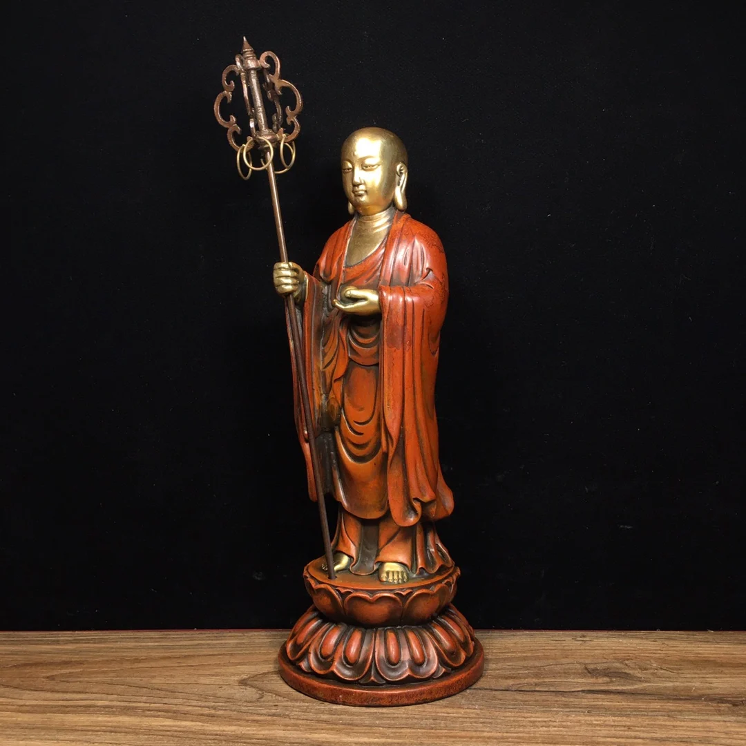 Pure copper gilded true gold Ksitigarbha Bodhisattva Length 9.5cm, width 9.5cm, height 24cm, weight 1255g