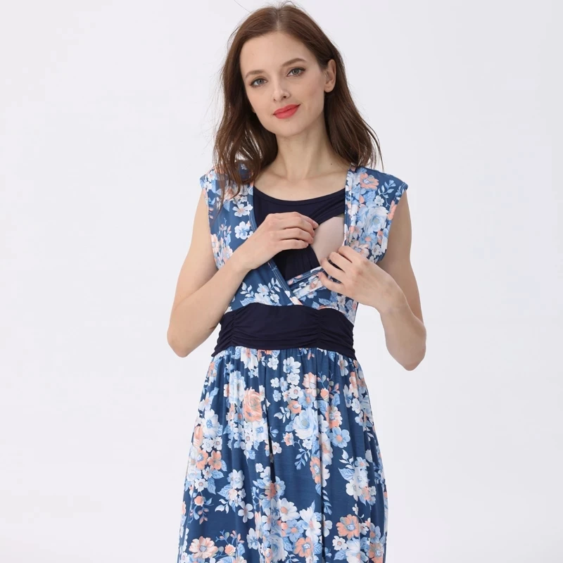 Summer Breastfeeding Dress Casual Maternity Dress Floral Sleeveless Nursing Dresses for Pregnant Women