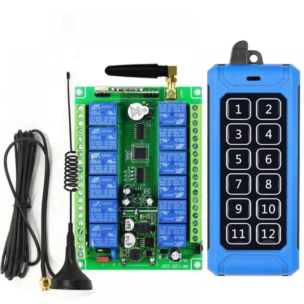 433MHZ Industrial RF Wireless Remote Control Switch DC 12V-48V 12CH Relay Receiver for Lighting Farm Smart Home Power Control