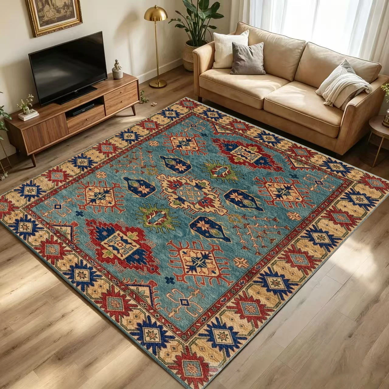Turquoise Blue Traditional Kazak Geometric Area Rug Non Slip Washable Bohemian Living Room Carpet