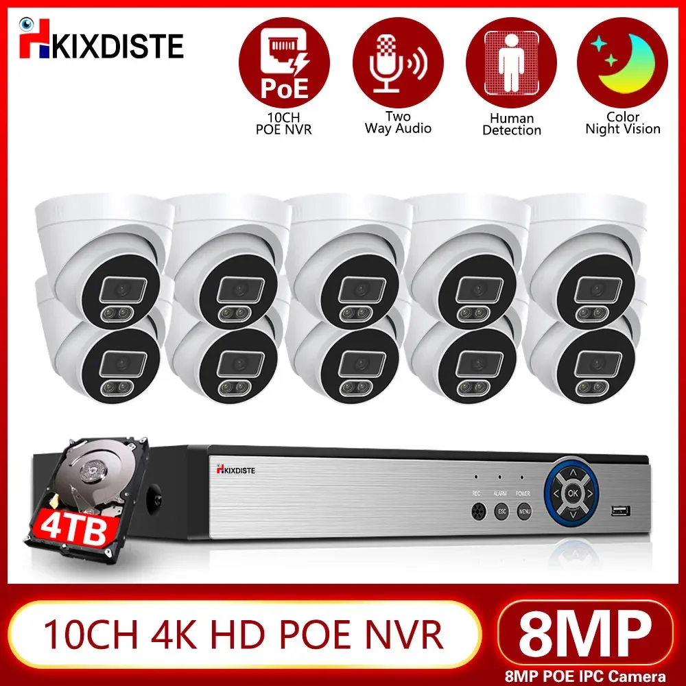 

4K PoE Video Surveillance Cameras System 10 Ports 10CH 8MP CCTV NVR Person/Human Detect 8MP/5MP Out/Indoor Security IP System