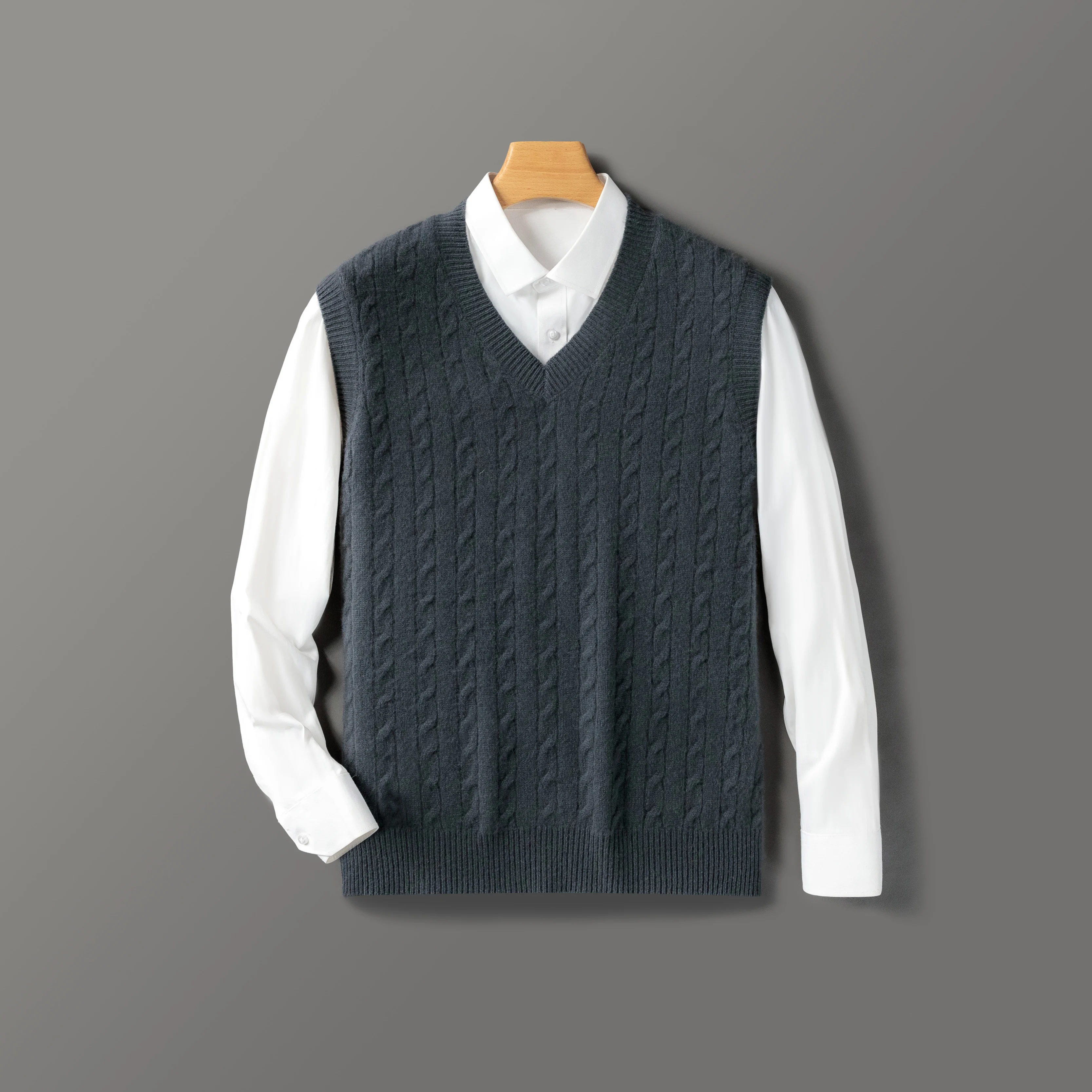 Men Pure Wool Waistcoat Sleeveless Sweater V-neck Pullover Knitwear 100% Merino Wool Knitted Autumn Winter Twist Flower Vest