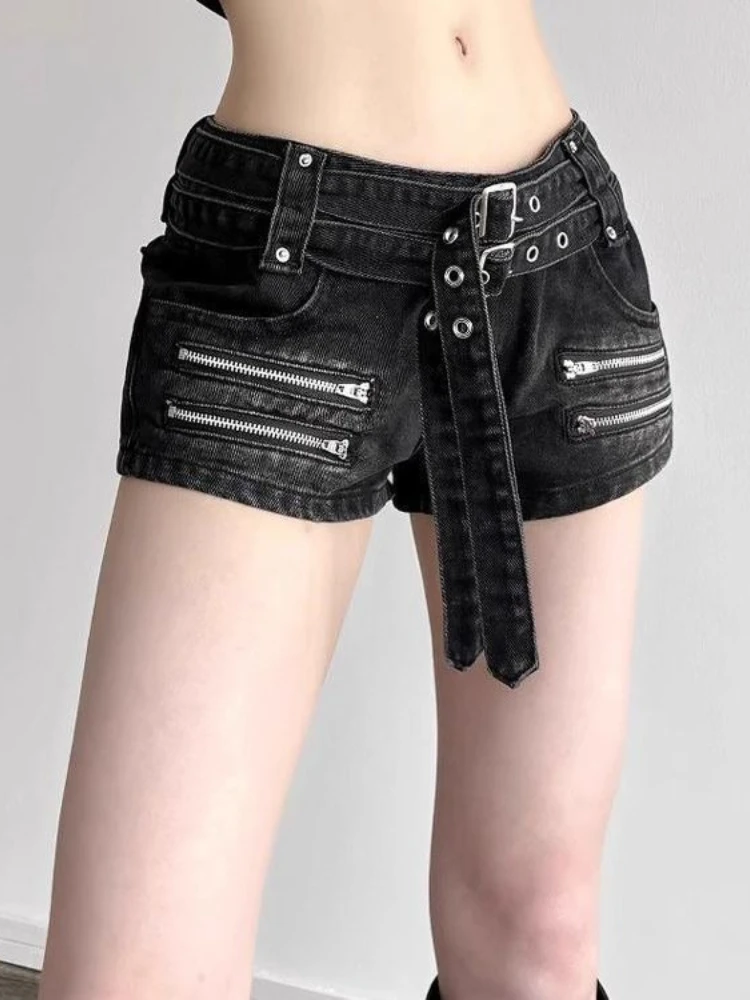 American Patchwork Zipper Vintage Short Jeans Women Streetwear Distressed Button Summer Y2k Vintage Denim 2025 New Arrival