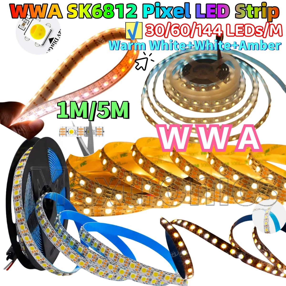 

NEW 1M/5M WWA SK6812 Pixel LED Strip Warm White+White+Amber DC5V 30/60/144 LEDs/M Programmable Addressable Individual Tape Light