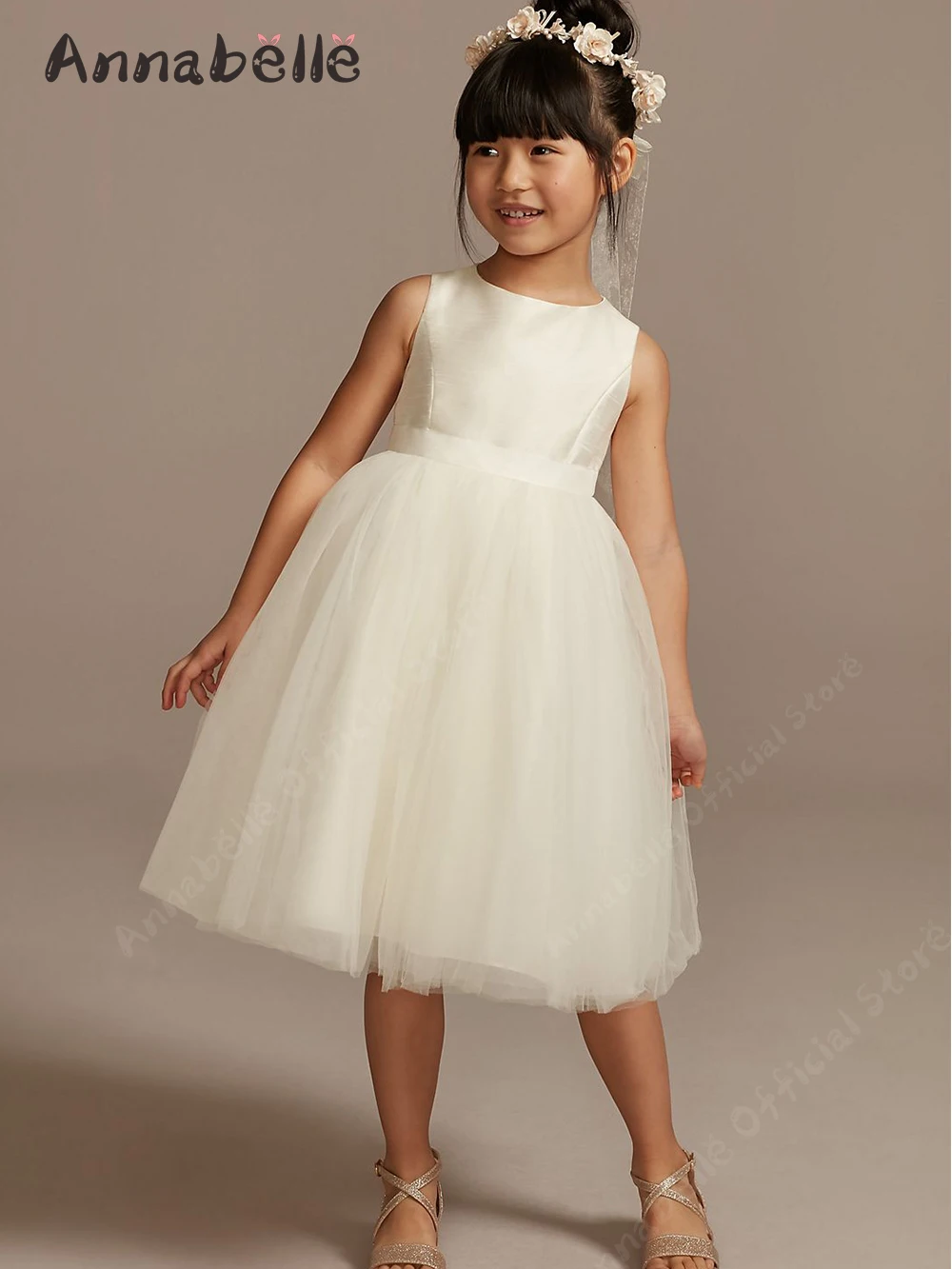 Annabelle Simple Classic Priness Birthday Girls' Dress Sleeveless Button Closure Girl Ceremony Dress For Wedding