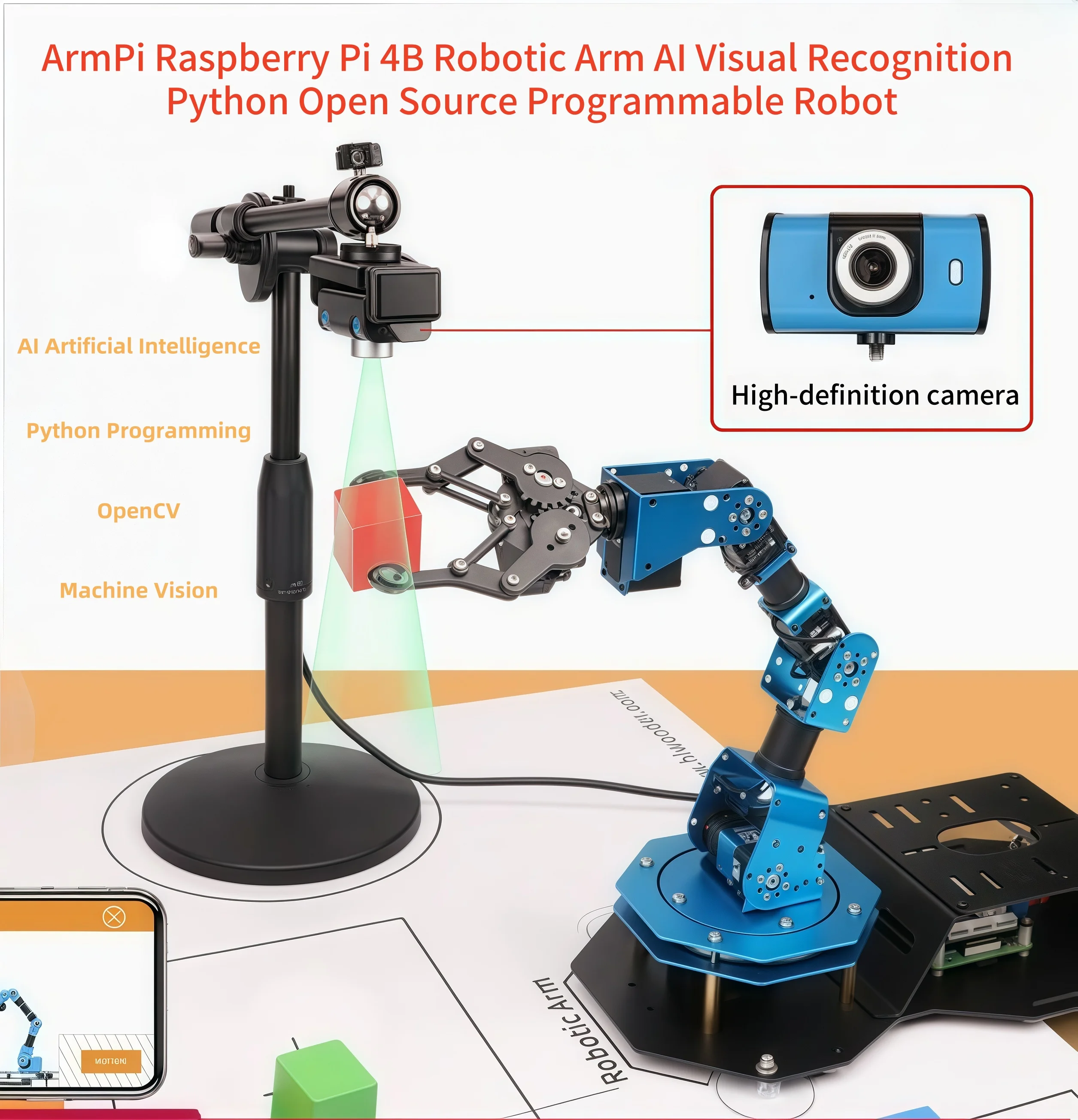 

ArmPi Raspberry Pi 4B Роботизированная рука AI Визуальное распознавание Python Программируемый робот с открытым исходным кодом