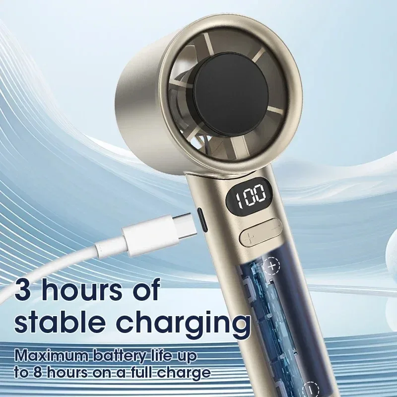 Mini Handheld Fan 4 Speeds Portable Mute Power Display Air Circulator USB Rechargeable for Indoor Office Outdoor