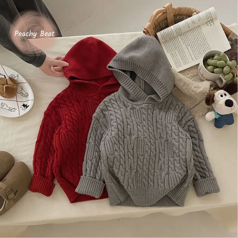 

Вязаный свитер с капюшоном для маленьких девочек и мальчиков, весна-осень-зима, серый, красный пуловер с длинными рукавами для малышей, теплая детская одежда, От 18 месяцев до 10 лет