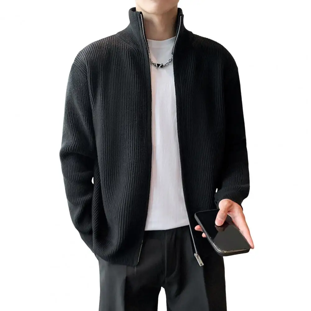 Men Knitted Jacket Zipper Closure Sweater Coat with Stand Collar Knit Elastic Long Sleeves Outerwear