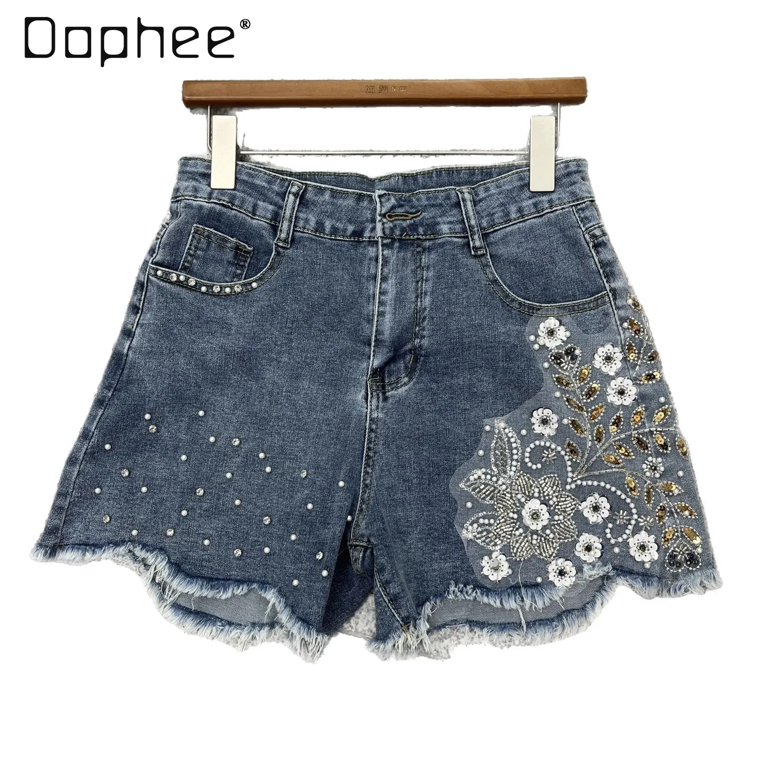 

2026 Spring Summer New High Waist Slimming Heavy Beaded Sequin Embroidered Denim Wide Leg Shorts