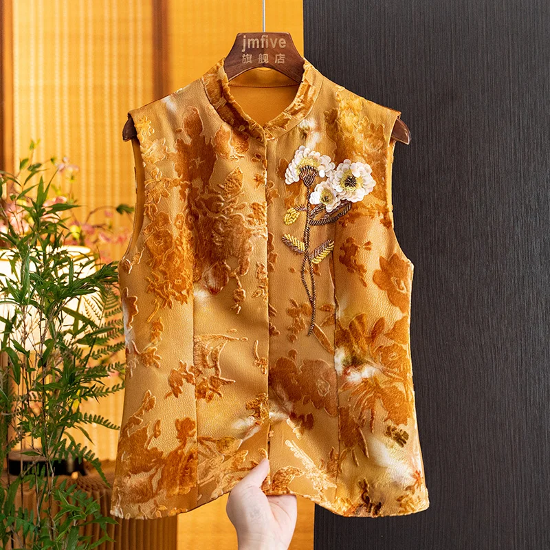 New Chinese-Style Silk Velvet Elegant and Fashionable Vest for Women, 2026 Autumn New Retro Chic Sleeveless Jacket