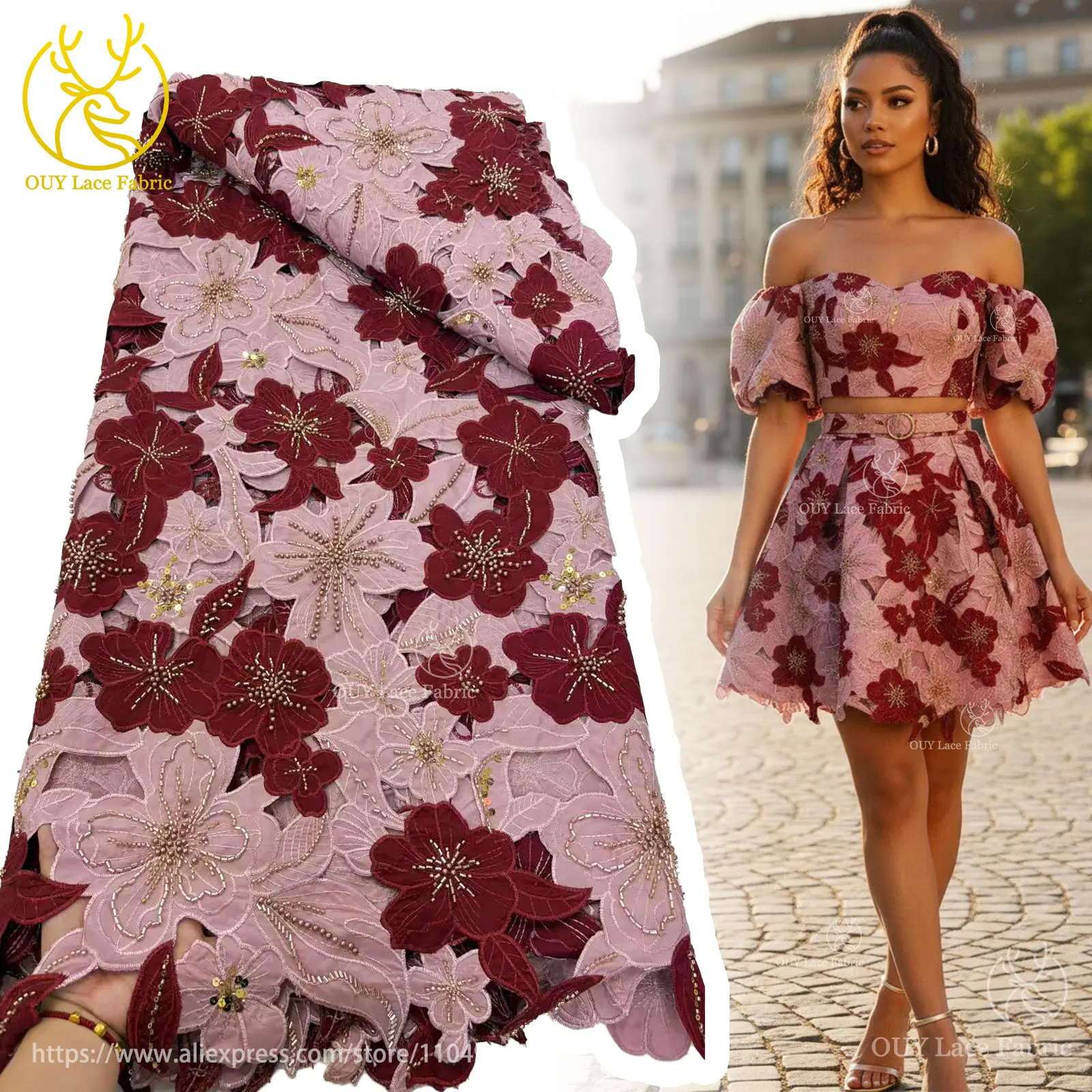 Eleganter Afrikanischer Guipure-Spitzenstoff 2026 Nigerianischer Wasserlöslicher Pailletten-Perlenstoff für Partykleider Damen-Nähzubehör – Detail 3
