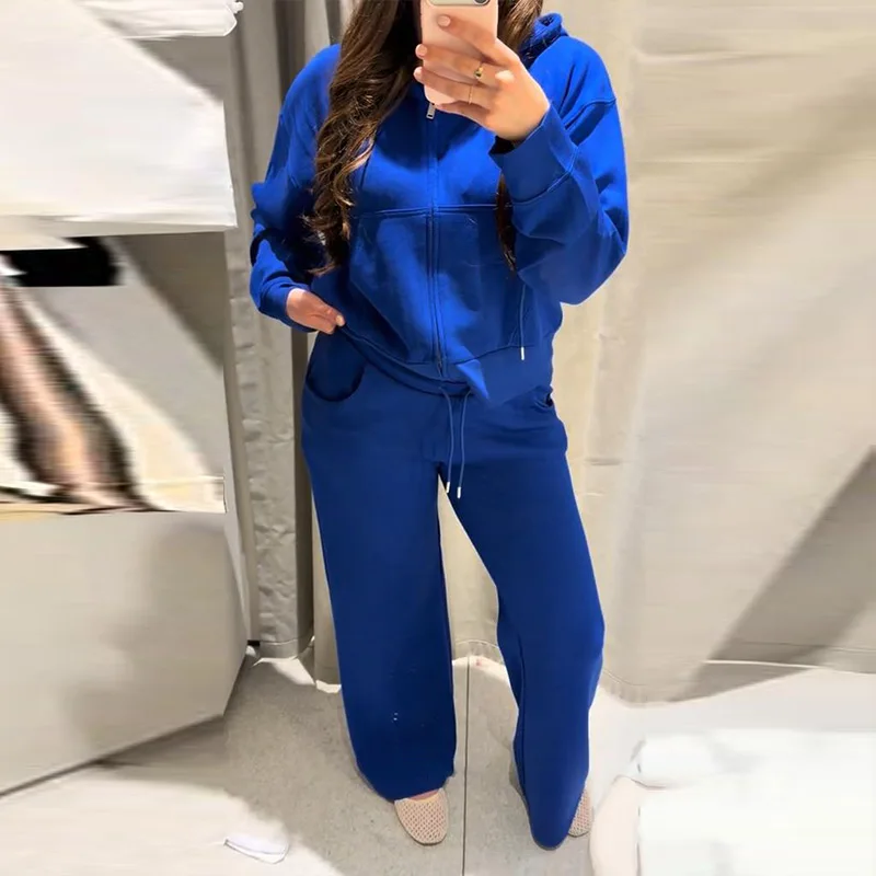Damen-Hosen-Sets mit Kapuze, Langarm-Reißverschluss, Oversize-Mäntel, Kordelzug-Taille, Schlaghosen, Frühling-Herbst, schicke neue Outfits für Damen – Detail 3
