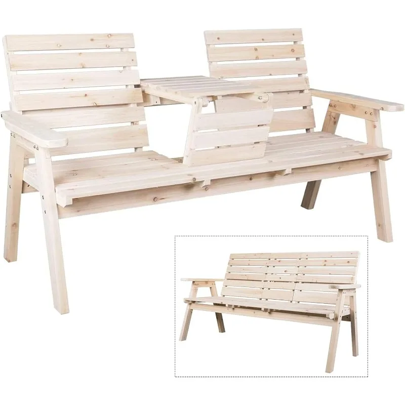 Cedar/Fir Log Wood Patio Garden Bench with Foldable Table,Outdoor Wooden Porch 3-Seat Bench Chair for Garden Balcony Patio