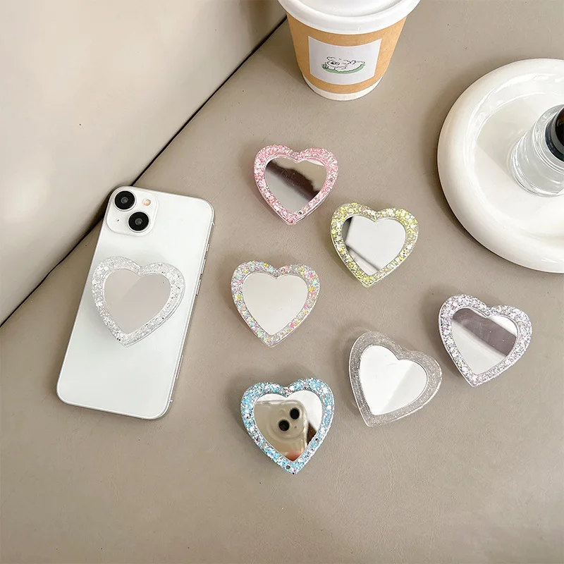 

Portable Love Heart Mirror Makeup Phone Holder Grip Tok Universal Smart Tok for IPhone Samsung Glitter Stand Socket Lazy Bracket