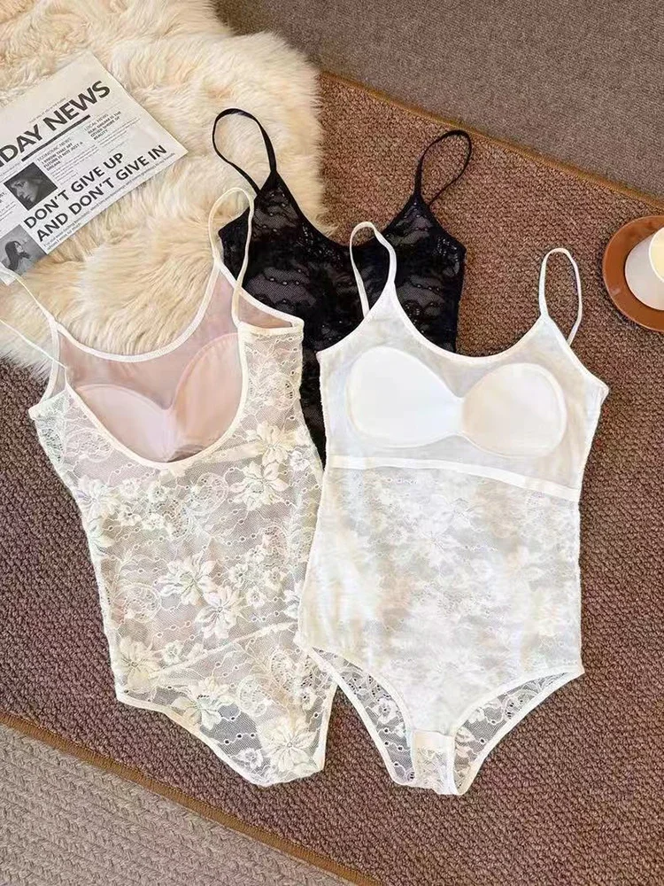 Sexy Lace Crop Bodysuit Women Y2K Fashion Slim Spaghetti Straps Casual Tees Summer Streetwear Hot Girls Bodysuits Jumpsuit