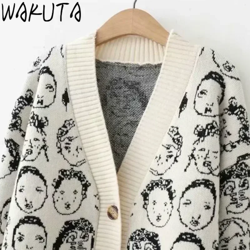 WAKUTA New Funny Cartoon V Neck Cardigan Female Knitwear Japanese Fall Winter Casual Loose Knit Jacket Sweater for Women