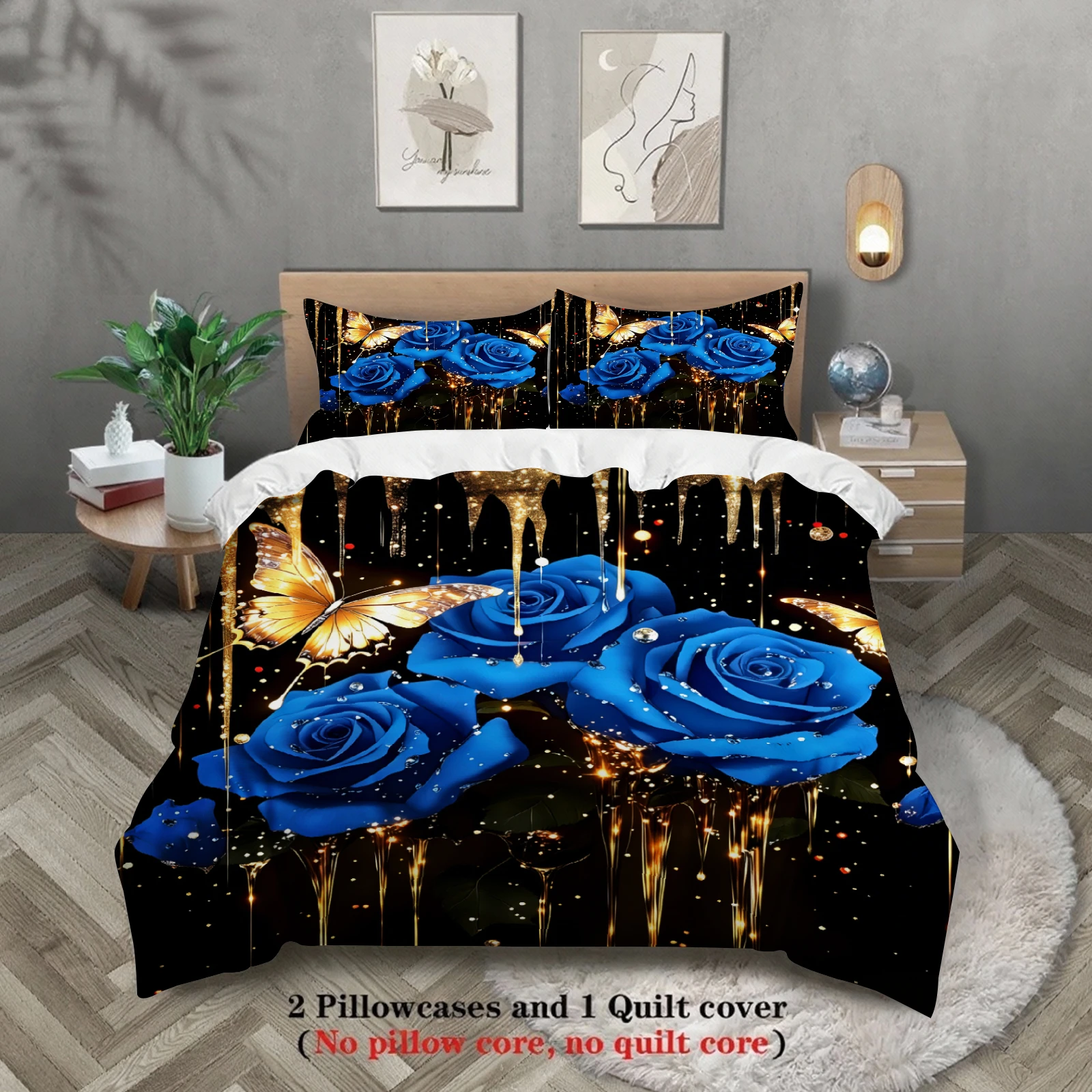 

Royal Blue Rose And Butterfly Bedding Set Black Background With Gold Accents With Duvet Cover & Pillowcases For Bedroom Decor