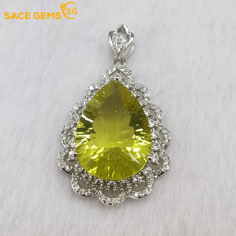 SACE GEMS Luxury Pendant for Women 925 Sterling Silver 13*18mm Lemon Quartz  Pendant Necklace Wedding Party Fine Jewelry Gifts