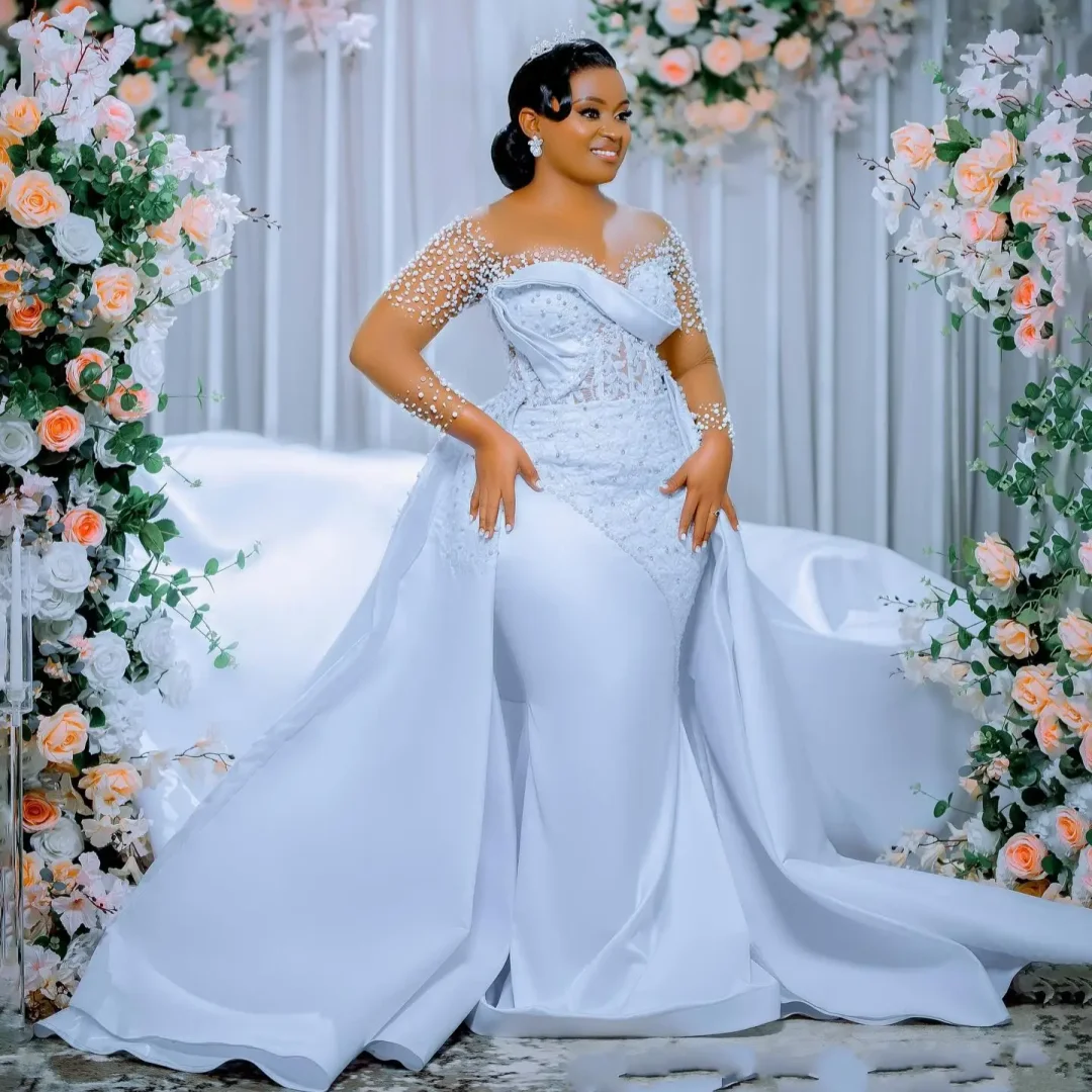 

Customized Phantom Round Neck Mermaid Wedding Dress Long Sleeve Handmade Bead Sparkling Bridal Dress Detachable Tail