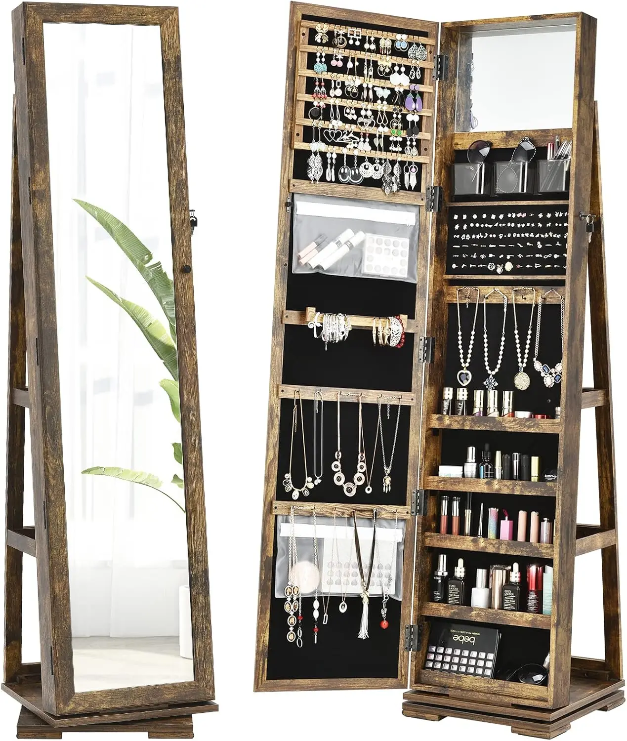 

360° Swivel Jewelry Armoire with Higher Full Length Mirror, Standing Lockable Jewelry Cabinet Organizer, Large Storage