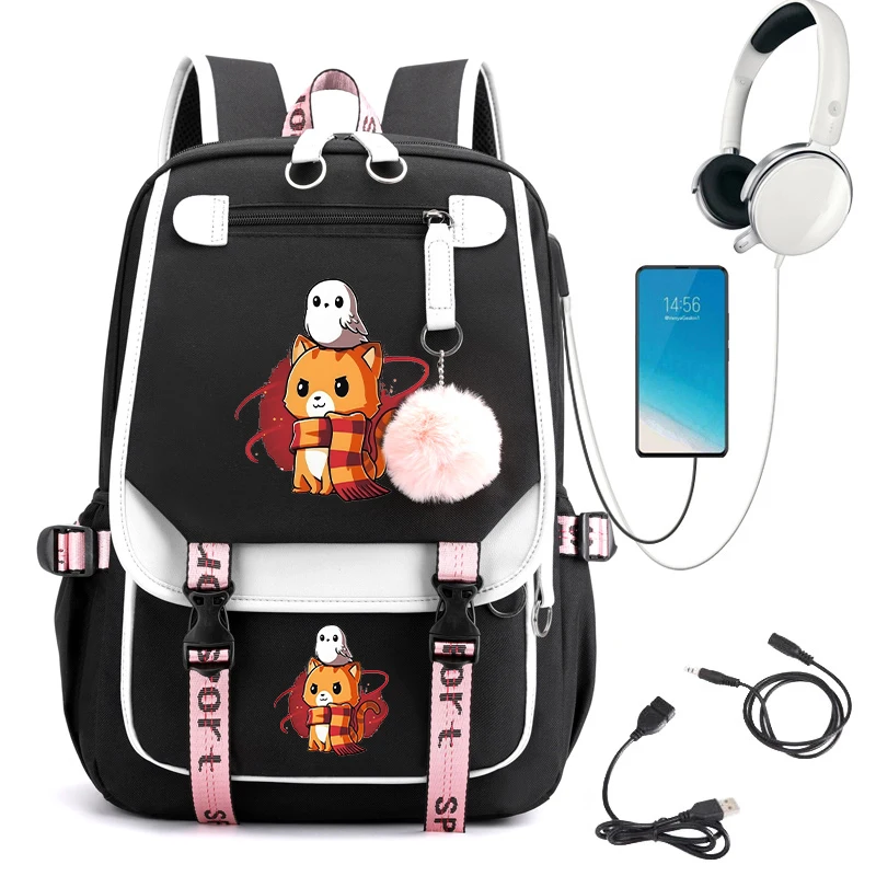 

Primary Secondary Schoolbags Backpack Raccoon and Owl School Bags Usb Charging Bagpack Teenager Girls Back Pack Kawaii Bookbag