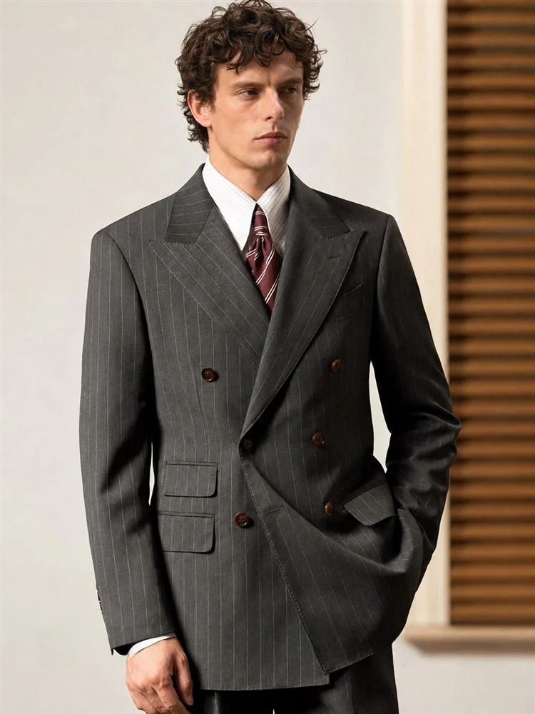 CULTUM Men's Business Suit Wool Blend Half  Double Breasted Tailored Fit Formal Wear Autumn Season Standard Fit