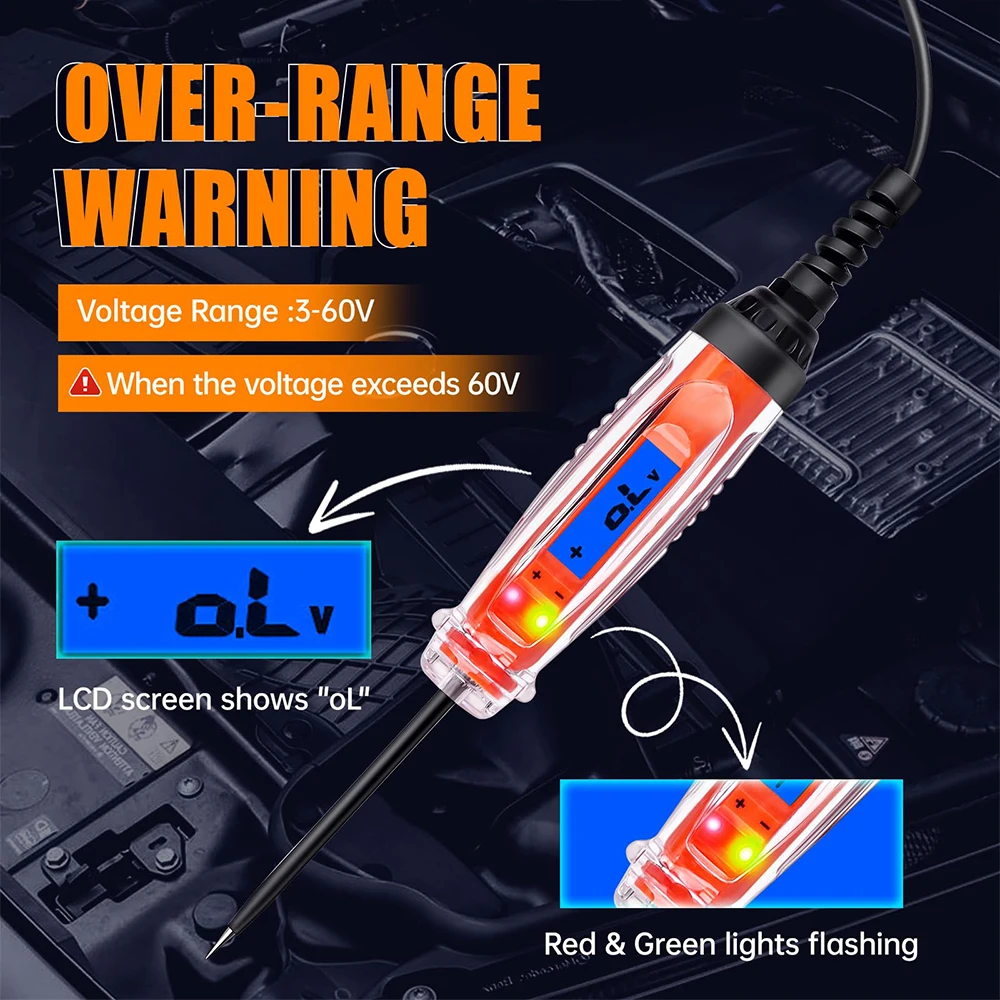 Samochodowe światło testowe 3-60V DC Cyfrowy tester światła Wytrzymały automatyczny tester obwodów Elektryczny długopis testowy z oświetleniem