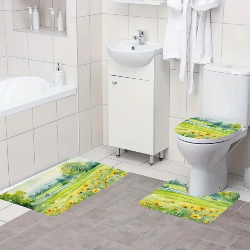 3-Piece Green Field Landscape Printed Bath Mat Set, Anti-Slip Soft Absorbent Bathroom Rugs, Toilet Lid Cover, U-Shaped Contour R