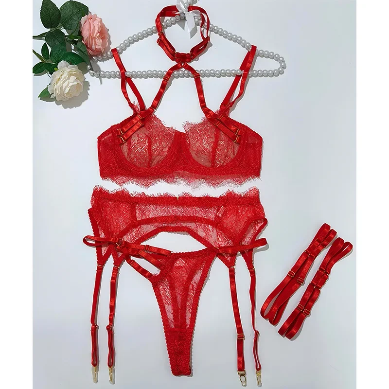 Bikini sexy in pizzo con ciglia e scollo all'americana, lingerie staccabile, set erotico in quattro pezzi