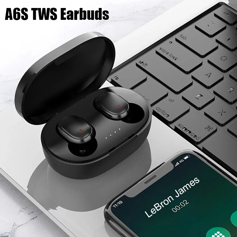 Fones de ouvido Bluetooth TWS com microfone, auscultadores sem fios, som estéreo, auscultadores com cancelamento, auscultadores A6S