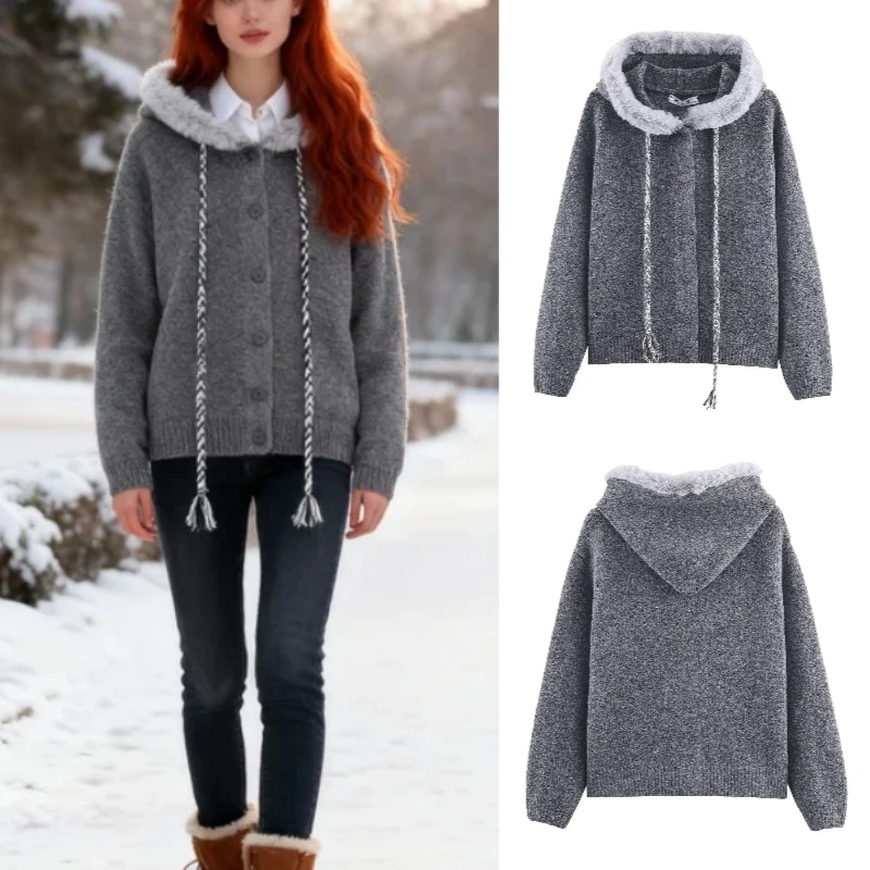High-Street casual dames fuzzy gebreid vest met capuchon en gevlochten kwastjes voor herfst/winter nieuwe collectie 2025