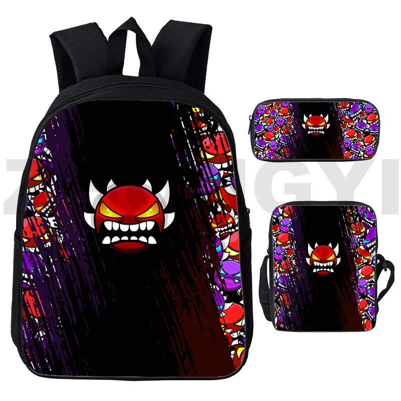 Popolare Angry Geometry Dash Zaini 3D Borse da scuola per adolescenti High Street 3 pezzi / set Zaini di grande capacità Borsa da viaggio di moda