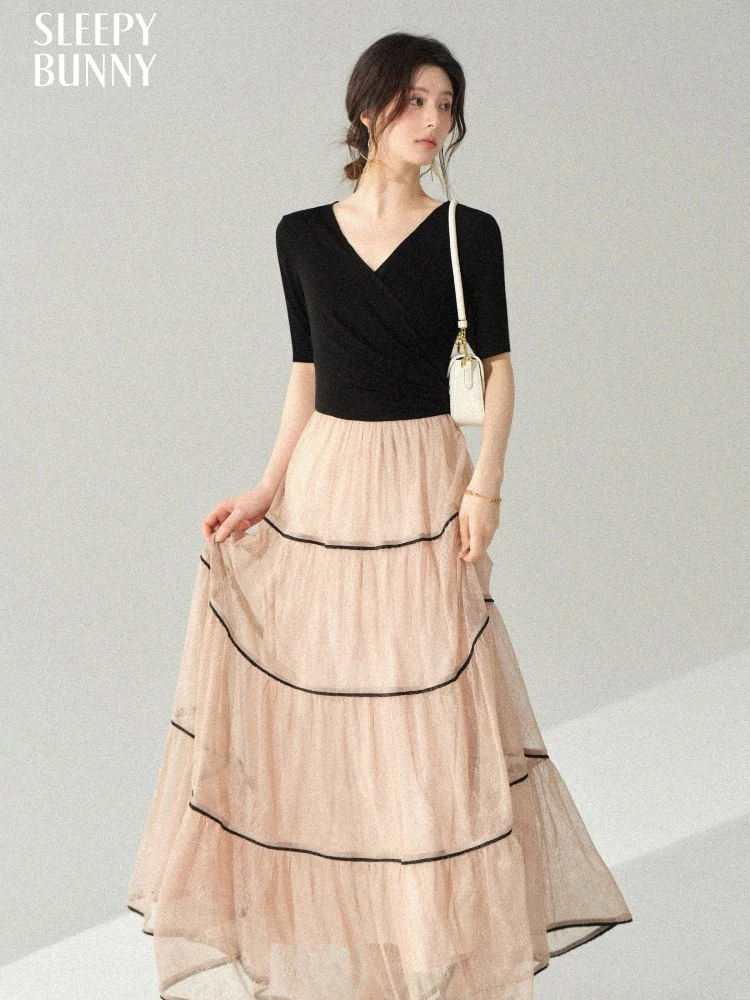 

Women V Neck Patchwork Dress Wool Knit Lace Contrast Dress Elegant Two in one Design Half Sleeve Slim Fit Dress Spring Outfit