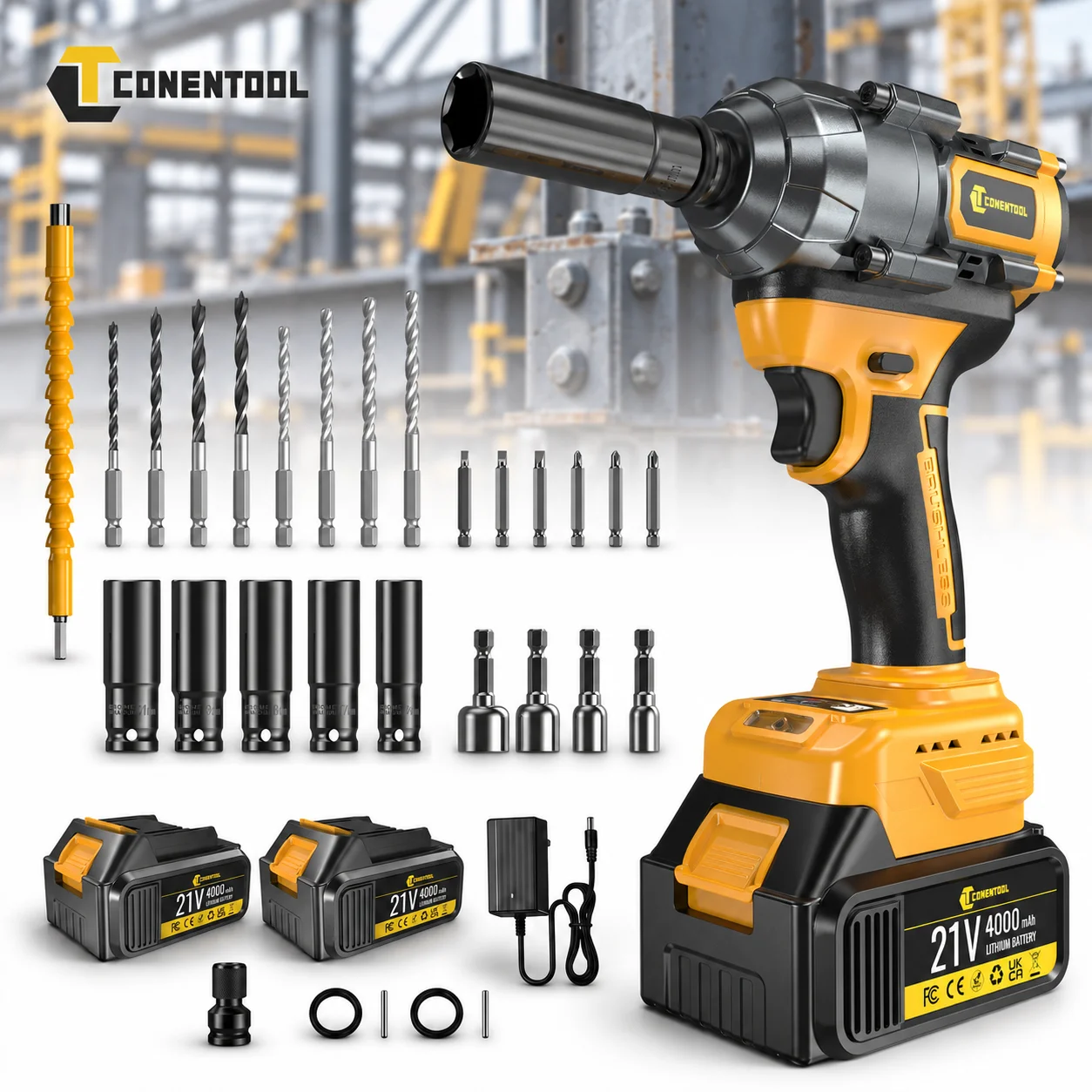 CONENTOOL 21V Avvitatore a impulsi senza fili con motore brushless, 1200N.m, coppia elevata, trapano elettrico 3 in 1, avvitatore, attacco quadro da 1/2 pollice, funzione avanti/indietro, utensile
