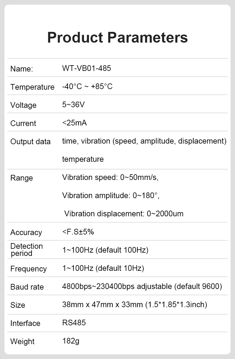 high-stability WTVB01-485 vibration measurement sensor, Modbus 3-axis vibration displacement Speed+amplitude