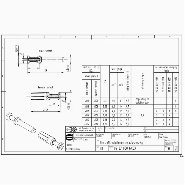 1pcs 09320006207 HARTING Han C crimp socket pin Harting pin 40A 4mm²