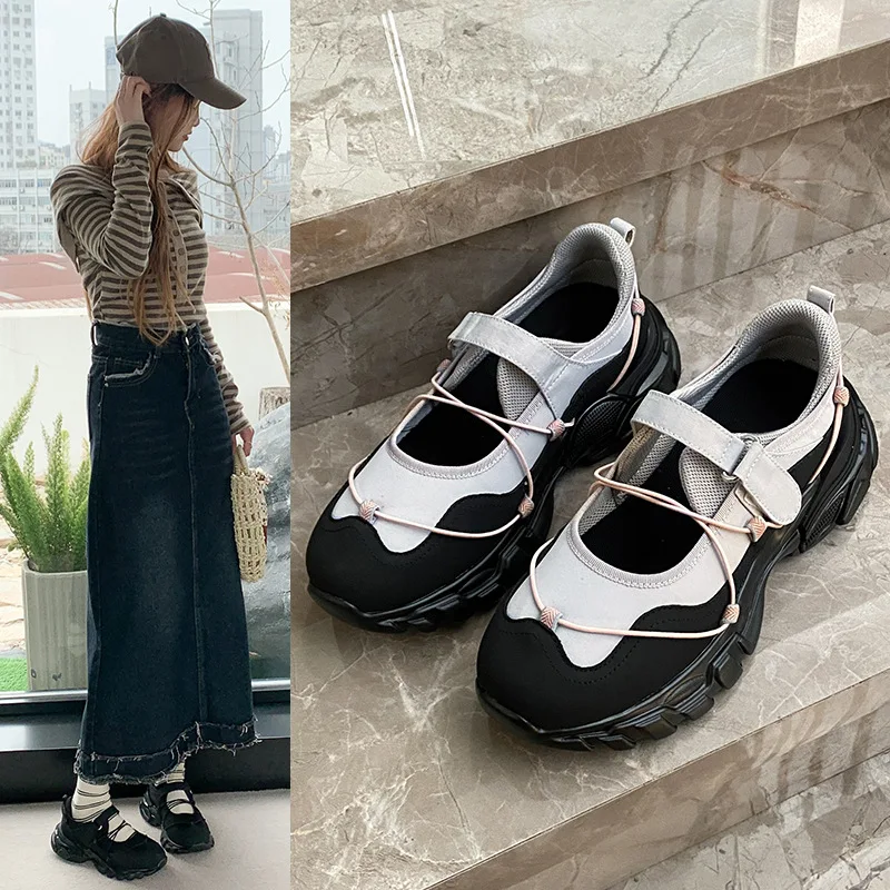 6CM Female Thick Bottom Round Toe Single Shoe 2026 New Casual White Ballet Dancer Shoe Women's with Magic Tape Breathable Sports