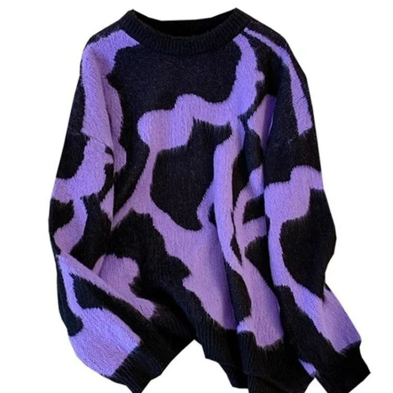 New European Purple Sweater Purple Black French Autumn/winter Leopard Print Cover Gentle Lazy Loose Fashion Thin Korean Version