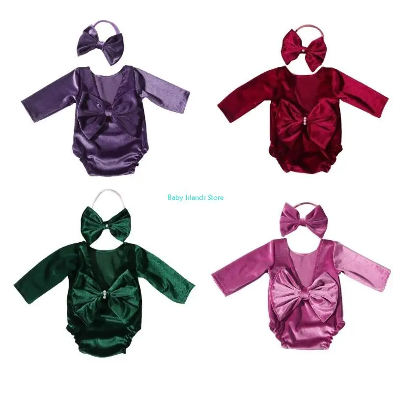 

K92D Baby Photoshoot Outfit Newborn Photo Set Elegant Newborns Outfit Baby Romper Headband for Holiday Newborn