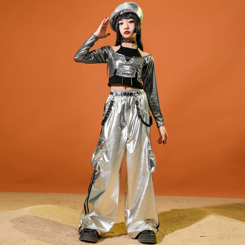 Mädchen Hip Hop Kleidung K-pop Shiny Crop Tops Street Dance Outfits Silber Hosen Kinder Streetwear Kind Jazz Kostüm Kleidung Sets