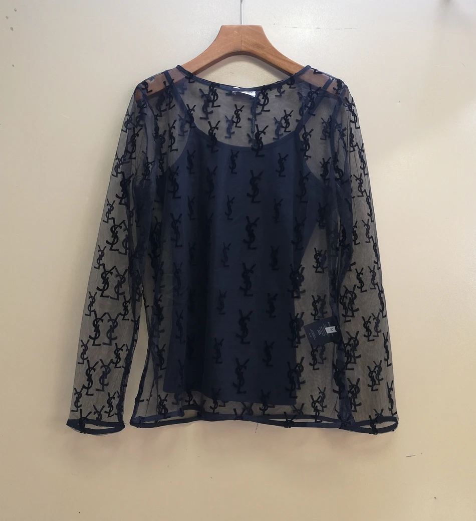 

Ретро-комплект из двух предметов: свободный кружевной топ с надписью и длинными рукавами, повседневный, удобный, во французском стиле