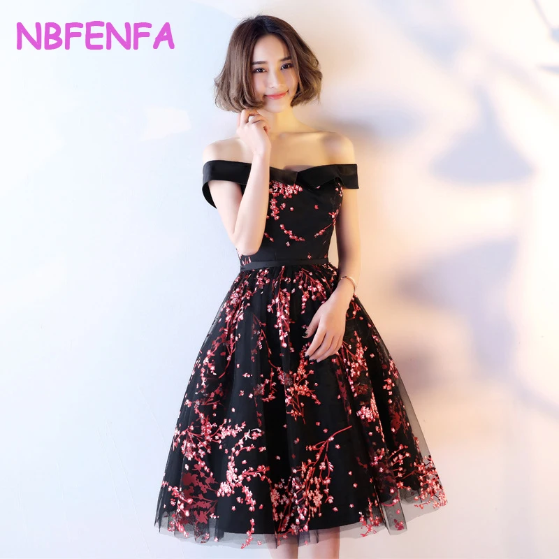 

NBFENFA Evening Dresses Short 2024 New Summer One-word Shoulder Thin Dress Black Temperament Elegant Banquet Women's Dress